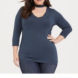 Torrid 3x Teal Blue Choker Collar Cutout Neck Pullover Lace Trim vneck
